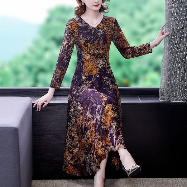 Spring Temperament Women's V-neck Long Sleeved Flower Long Skirt, Spring Fashion Korean Version Comfortable and Flowing Dress