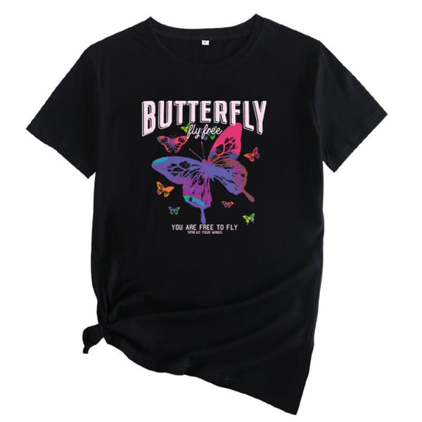 COTTON 100% Women's Europe and The United States Butterfly Print Round Neck Short-sleeved T-shirt Oversized T Shirt TOPS