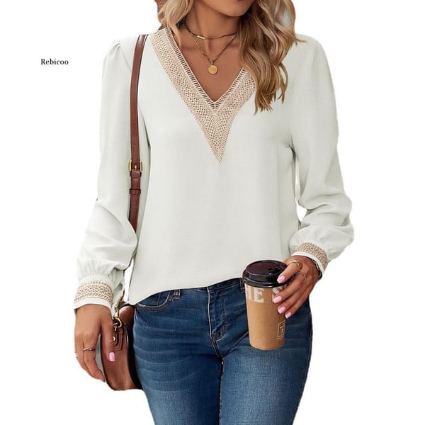 Woman Blouses 2022 Autumn V-Neck Lace Solid Color Stitching Top Women's Long-Sleeved Sleeves Loose Chiffon Shirt Female Clothing