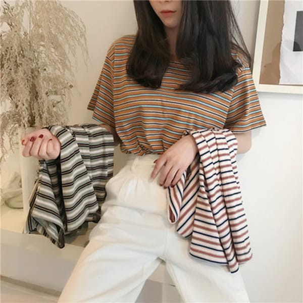 MRMT 2024 Brand New Contrast Color Striped All-Match Short-Sleeved t-Shirt Women's Loose Top Bottoming Shirt Tops
