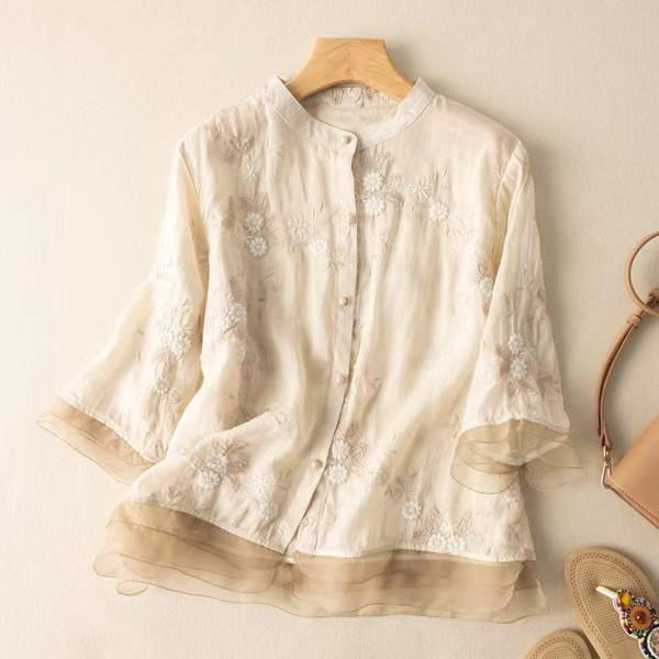 2023 Summer New Women's Shirts Cotton and Hemp Embroidered Lace Lantern Loose Casual Mid Sleeve Shirt and Blouses for Women