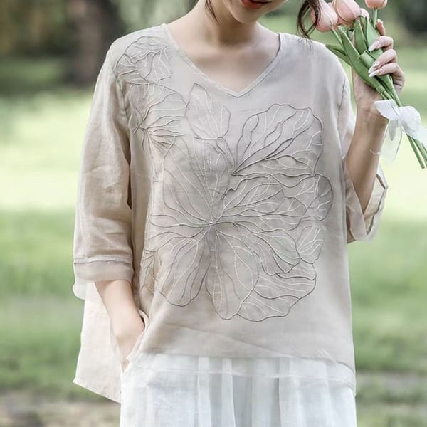 2024 New Summer Retro Loose Casual Office Lady Women's Shirt Embroidery Cotton Linen Splicing V Neck Short Sleeve Y2K Chic Tops