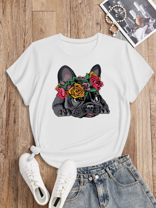 Puppy Print T-shirt, Short Sleeve Crew Neck Casual Top For Summer & Spring, Women's Clothing