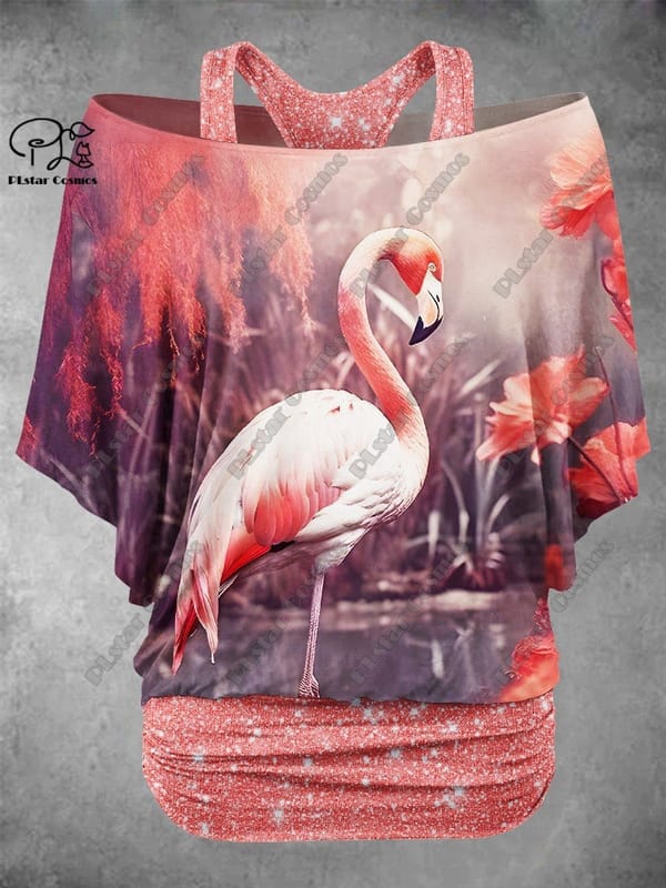PLstar Cosmos 3D Print Cute Butterfly Flamingo Bird Pattern Fake Two-Piece Top Women's Casual T-Shirt Harajuku Streetwear  1