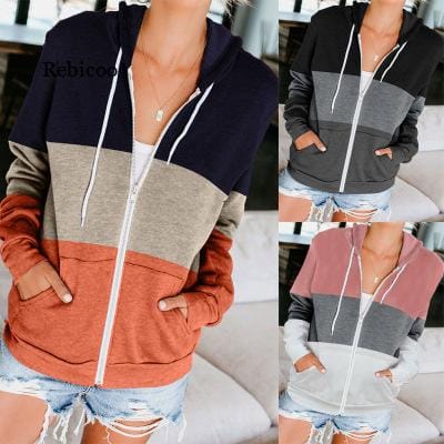Women's clothing Autumn and winter new long-sleeved color contrast hooded sweater women's zipper pocket cardigan jacket Girls