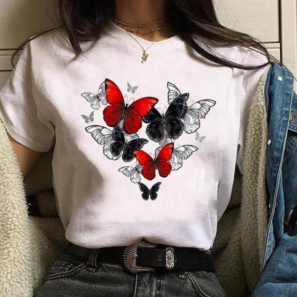 Women's Personalized Creative Cute Butterfly Pattern Printed T-Shirt Fashion Funny Butterfly Clothing Shirt Top