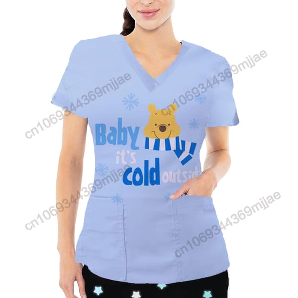 Nurse Uniform Yk2 V-neck Woman T- Shirts Y2k Tops Disney Women's Clothing Summer 2023 Novelties Pocket T-shirt Female Tshirt