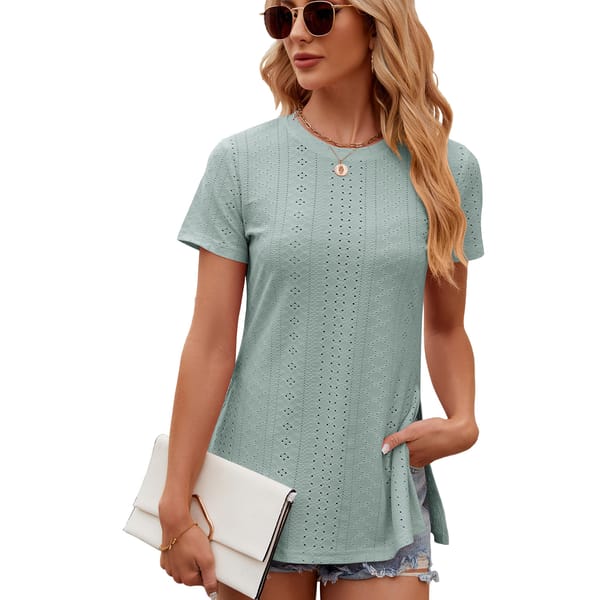 Women's Short Sleeve T Shirt, Solid Round Neck Tops, Split Hem, Hollow Out, Summer