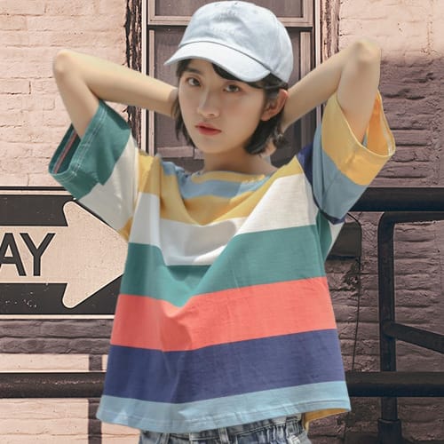MRMT 2024 Brand New T-shirt Women's Short-sleeved Style Round Neck Summer All-match Top With Rainbow Stripes Women's Tshirt