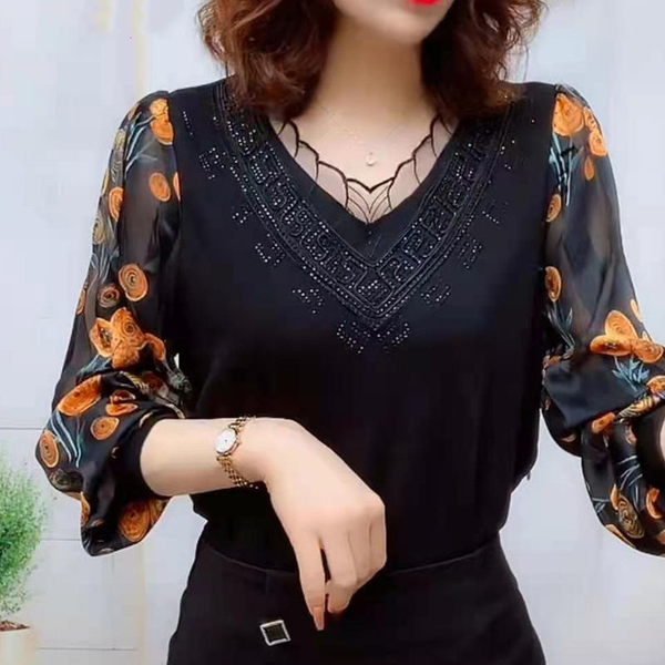 Spring and Summer New Temperament Versatile Women's Clothing Fashion Printed Lace V-Neck Long Sleeve Commuting Pullover Shirt