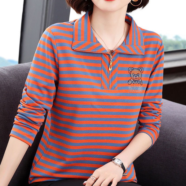 Women's Clothing 2023 Autumn and Winter New Fashion Splice Zipper POLO Collar Long Sleeve Versatile Temperament Stripe Pullover