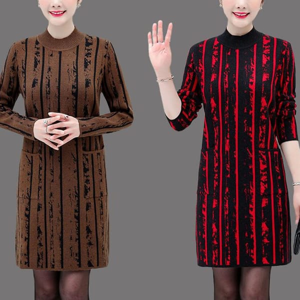2023 Winter Women's New Thickened Vertical Stripe Printed Half High Neck Long Sleeve Pocket Loose and Comfortable Dress