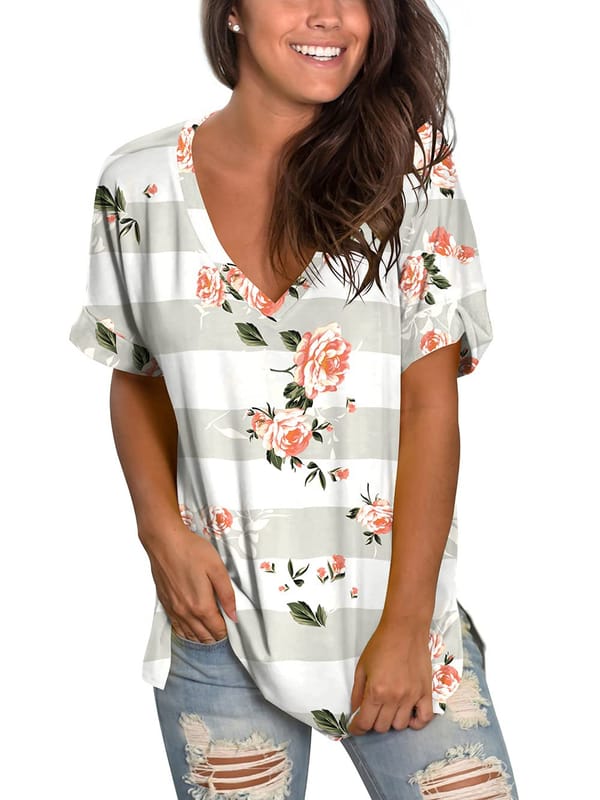3D Paint Women's V Neck T Shirts Fashionable Floral Pattern Print Casual Short Sleeve Tee Summer Tops Loose Woman Clothing Fit
