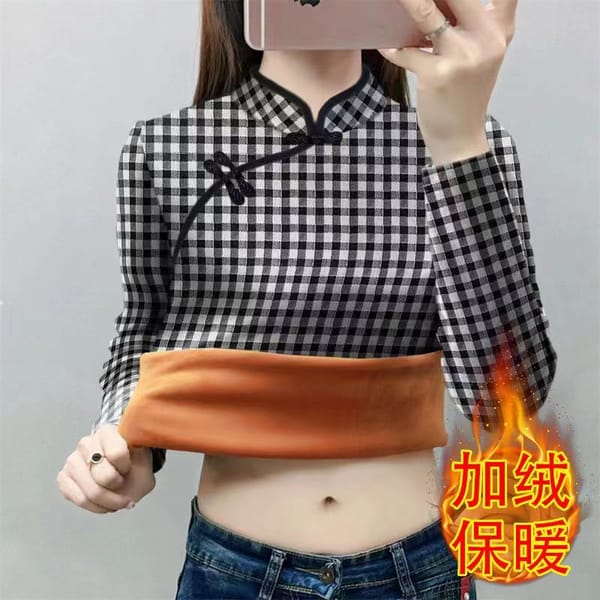2023 Autumn/Winter Women's New Fashionable and Elegant Mandarin Collar Plaid Button Style Versatile Long Sleeve Slim Fit Tops