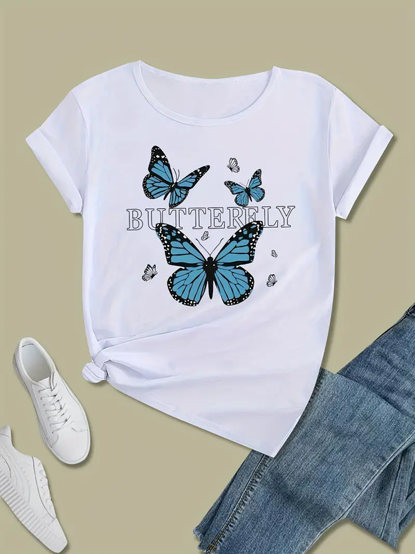 Blue Butterfly Fresh Fashion Printed Women's T-shirt Summer Women's O-neck Short Sleeve Street Trendy T-shirt