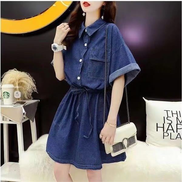 Women's Korean Fashion Lace Up Pockets Short Sleeve Chic Midi Dress 2024 Summer Female Casual Streetwear Oversized Denim Dresses