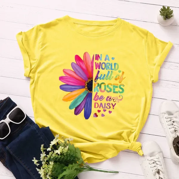 Women's Loose Round Collar Short Sleeve T-shirt Female Trend Creative Colorful Daisy Sunflower Print  Oversized TEE Tops