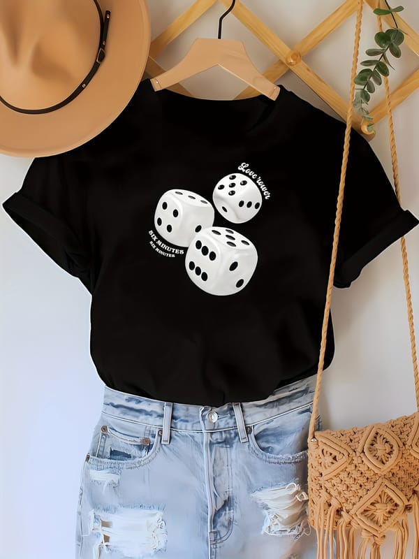 Dice Print Casual T-Shirt, Round Neck Short Sleeves Versatile Sports Tee, Women's Comfy Tops