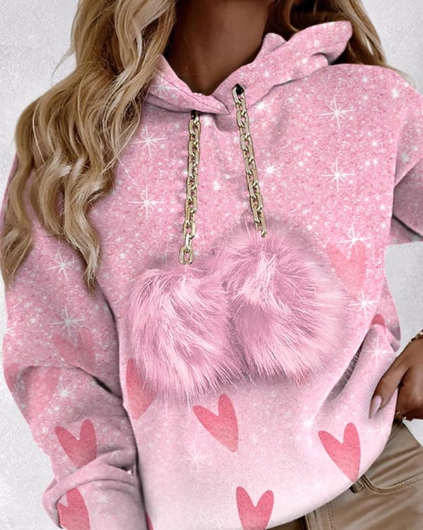 Women's Long Sleeved Heart Pattern Pom Pom Hoodie Sweatshirt 2023 Girl Style Daily Commuting Hoodie Fashion Chain Pullover Tops