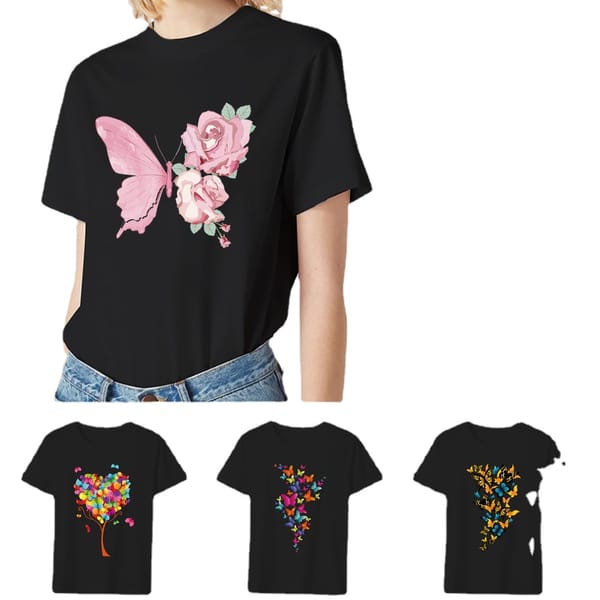 Women's Black Short-sleeved T-shirt Bright Color Butterfly Print Burst Round Collar in Stock Aesthetic Clothes Graphic T Shirts