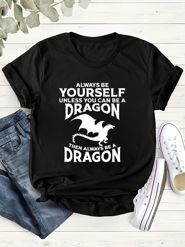 Dragon & Letter Print Crew Neck T-shirt, Casual Short Sleeve Top For Spring & Summer, Women's Clothing