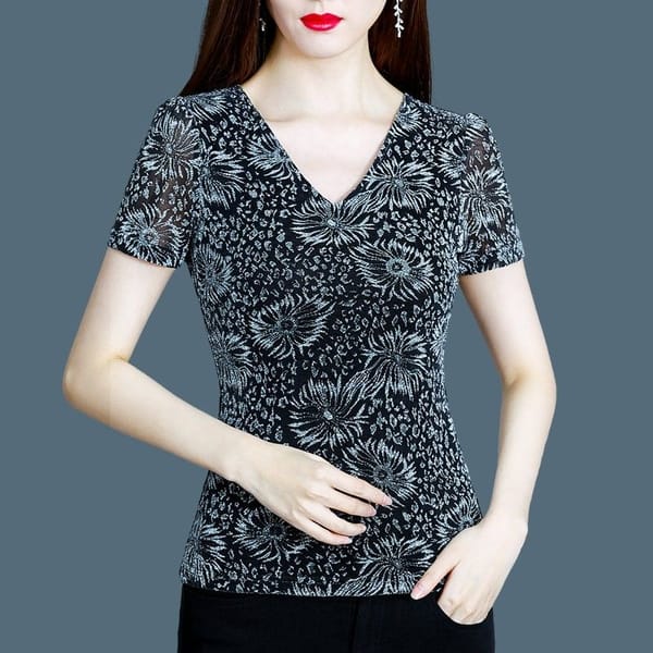 Summer Women's 2024 New Pullover V-Neck Patchwork Gauze Fashion Slim Fit Casual Elegant All-match Short Sleeve T-Shirts Tops