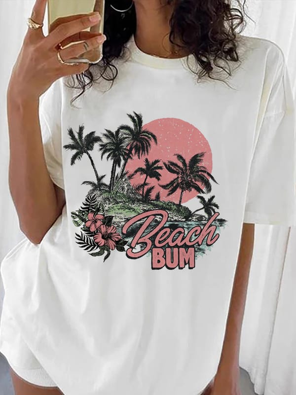 Beach Lover Design Women's Printed T-Shirt 90s Short Sleeved Cartoon Printed Pattern Basic Casual Style Plus Size Summer T-Shirt