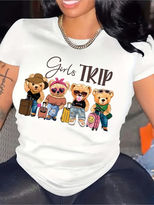 Bear Print Crew Neck T-Shirt, Casual Short Sleeve Comfortable Breathable T-Shirt For Spring & Summer, Women's Clothing