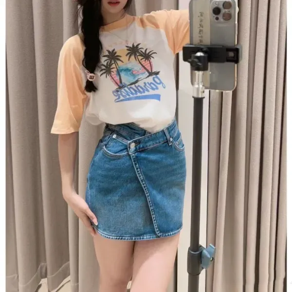 2024 Summer Women's T-Shirt Coconut Tree Letter Print Round Neck Short Sleeve Casual Tee Tops