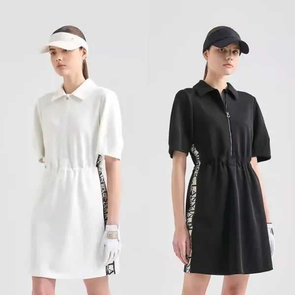 Summer New Women's Golf Clothing Half Zipper Lapel Short Sleeve Waist Casual Slim Skinny Dress