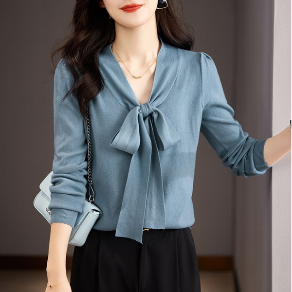 Women's Clothing 2023 Autumn and Winter New Fashion Lace Up Scarf Collar Long Sleeve Versatile Commuter Solid Color Pullover