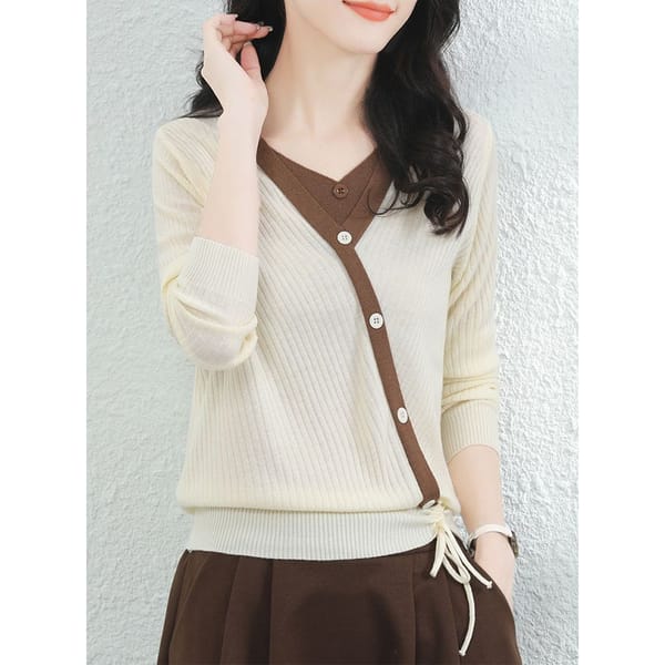 Women's Clothing Autumn and Winter New Splice Buttons V-neck Long Sleeved Solid Color Commuting Versatile Temperament Sweater