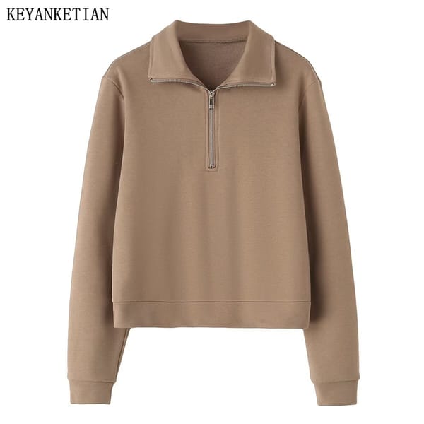 KEYANKETIAN 2024 New Launch Women's Zipper Decoration Turn Down Collar Pullover Hoodies Autumn Retro style Loose Sweatshirts