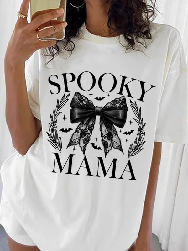 Spooky Mama Coquette Halloween Fashion Style O-Neck T-Shirt Fun 90s Short Sleeved Women's Printed Casual Trendy Top T-Shirt