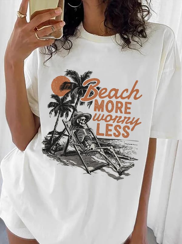 Funny Summer Shirt Clothing Watercolor Style Short Sleeved Fashion O-Neck Skull Print T-Shirt Women's Casual Retro T-Shirt