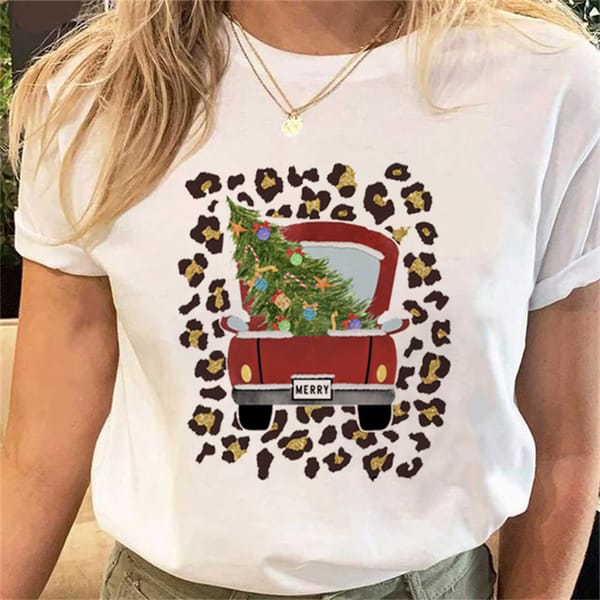 Fall Women's Plus Size 90s Harajuku Casual Christmas Cartoon Printed Crew Neck T Shirt Short Sleeve Fashion Casual Print T Shirt