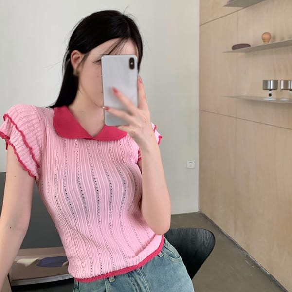 Women's short sleeved Women's top Doll neck Knitted Short sleeves