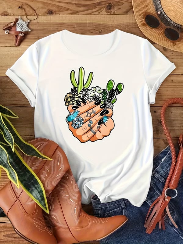 Cactus & Hand Print Casual T-Shirt, Round Neck Short Sleeves Versatile Sports Tee, Women's Comfy Tops