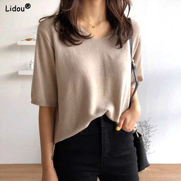 Loose-fitting Pullovers Knitting Solid Color Spring Autumn Thin Elbow Sleeve T-Shirts Korean Fashion Casual Women's Clothing