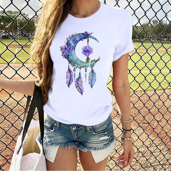 Moon Dreamcatcher Women's Fashion T-Shirt Summer Casual Comfortable T-Shirt Personalized Creative Moon T-Shirt Top