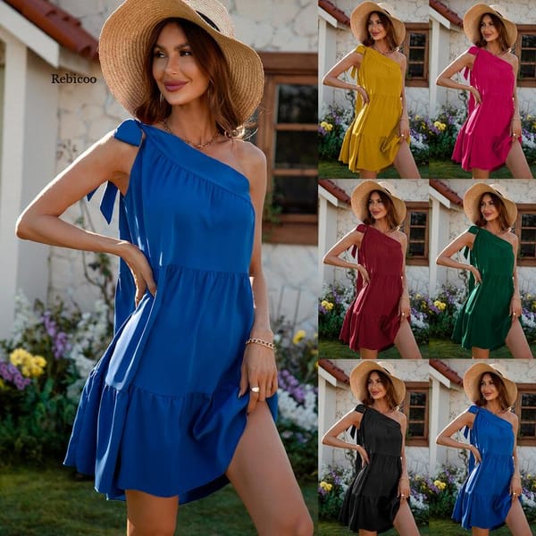 Summer Holiday Beach Women's Dress Sexy Backless One Shoulder Ruffle Short Dress Women Loose Waist Solid Casual Dresses