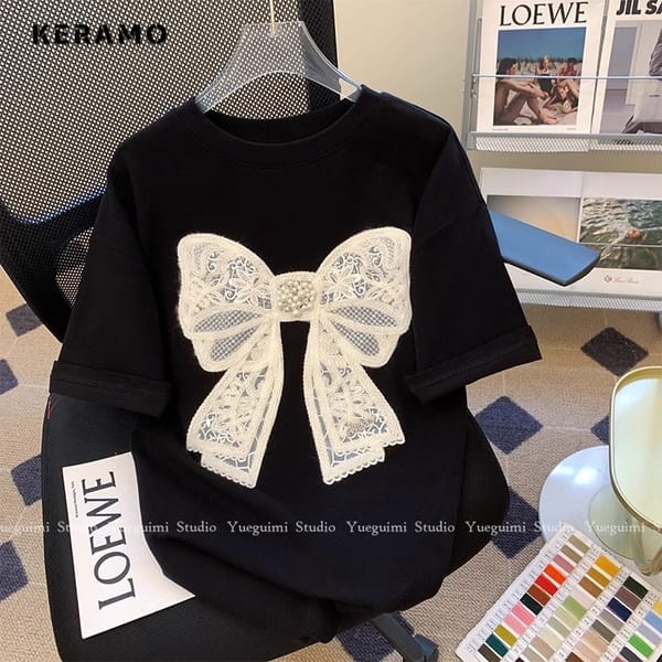 New Fashion Round Neck Butterfly Appliques Short Sleeve Baggy T-shirt 2024 Summer Women's Casual Elegant Style Loose Tees Top