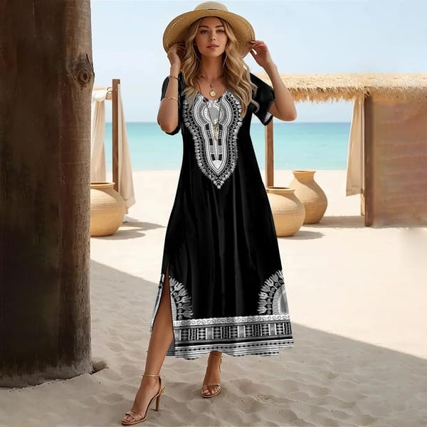Women's Bohemian Simplicity Print Dresses Summer Slit Short Sleeves Long Dress Solid Color V-Neck Pullover Streetwear Clothing