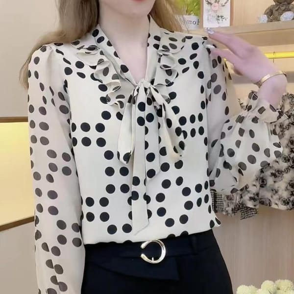 Women's Clothing Y2K Ruffle Polka Dot Print Bow Lace Up Elegant Blouse Trendy V Neck Long Sleeve Office Lady Casual Shirt Blusas