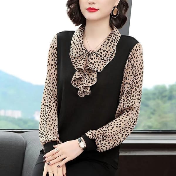 2023 Spring and Summer Korean Version Temperament Versatile Women's Top Fashion Printed Ruffled POLO Collar Long Sleeve Shirt