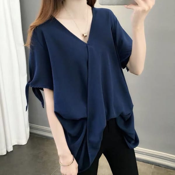 New Summer Women's 2024 Pullover V-neck Patchwork Solid Folds Irregular Loose Comfortable Minimalist Casual Short Sleeved Tops