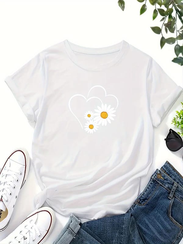 Heart & Daisy Flower Graphic Crew Neck Sports Tee, Round Neck Workout Short Sleeves Tops, Women's Activewear