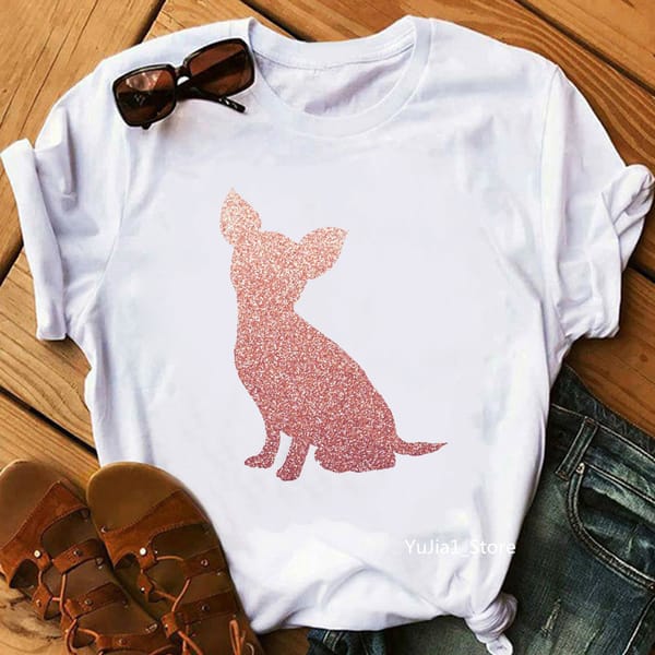 Pink Glitter Chihuahua Dog Print T Shirt Women'S Clothing Funny White Tshirt Femme Harajuku Kawaii Clothes Dog Lover T-Shirt