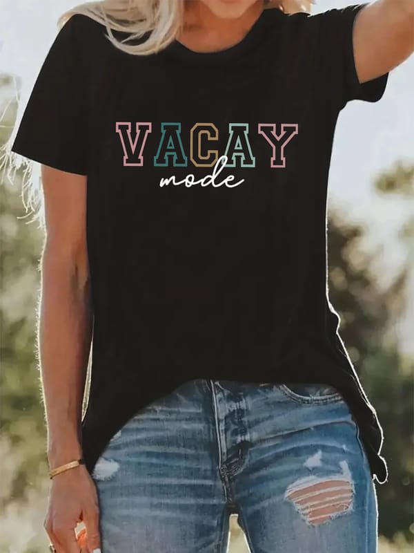 2024 Vacay Mode Pattern T-Shirt Women's Cute Shirt Summer Fashion Harajuku Leisure Round Neck Harajuku Style Women's T-Shirt