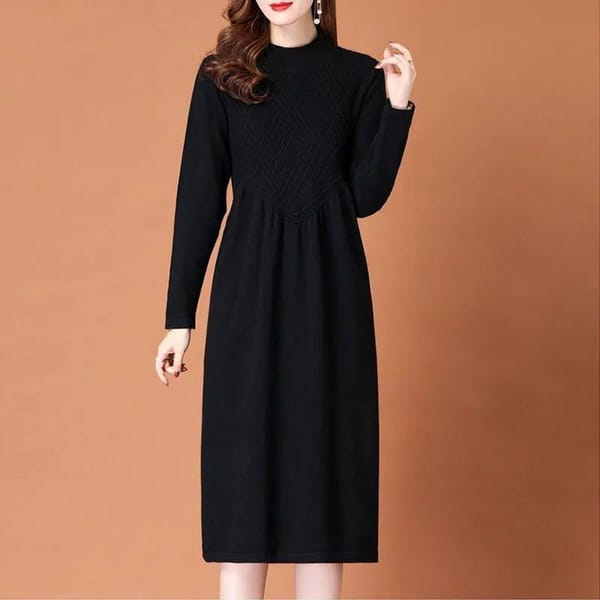 Winter Solid Color Women's Round Neck Long Sleeved Pleated Woolen Dress Autumn Multi-color Loose Casual Comfortable Dress